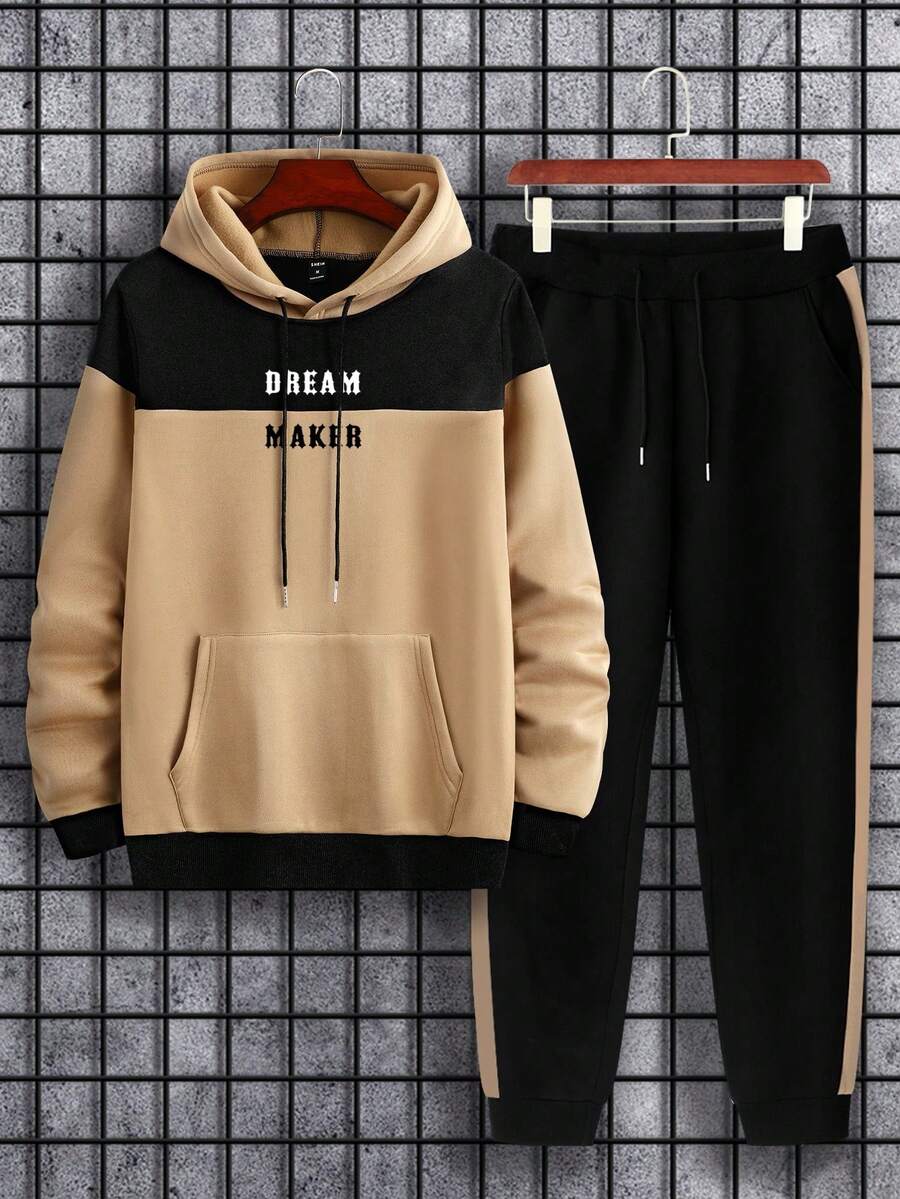 Manfinity Homme Men's Letter Printed Drawstring Hoodie And Sweatpants Set, Color Block Style - Khaki - View 1