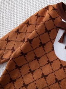 Baby Girl Bow Pattern Contrast Trim Knit Bodysuit - Multicolor - View 3