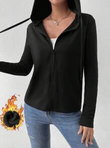 SHEIN Essnce Zip Up Drawstring Hooded Coat - Black - View 1