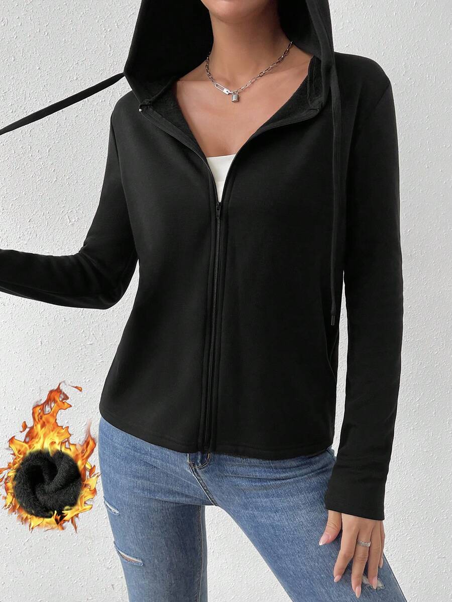 SHEIN Essnce Zip Up Drawstring Hooded Coat - Black - View 1