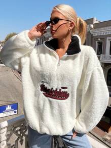 EURMUSE 女士下垂肩長袖字母刺繡立領金屬拉鍊運動衫 - 白色 - 查看 4