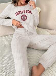 Letter Graphic Tee & Tie Front Pants Lounge Set - Apricot - View 5