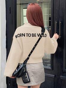 DAZY Letter Graphic Drop Shoulder Half Zip Sweater - White - View 3