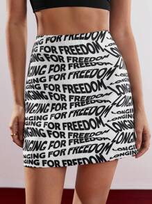 BizChic Falda Estampada De Letra De Cintura Alta Para Mujer - Blanco y Negro - Ver 8