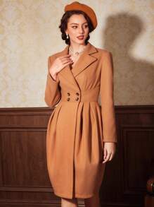 Vintamour Lapel Neck Fold Pleated Overcoat - Brown - View 5