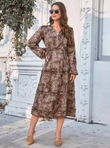 Aveloria Leopard Print Tie Neck Lantern Sleeve Ruffle Hem Dress - Multicolor - View 3