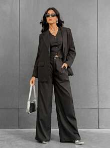 SHEIN Essnce Chất rắn Áo vest & Quần ống rộng & Áo khoác Vest - màu đen - Xem 1