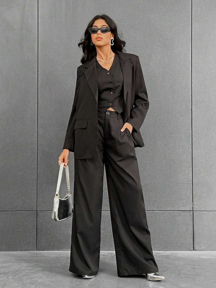 SHEIN Essnce Chất rắn Áo vest & Quần ống rộng & Áo khoác Vest - màu đen - Xem 1