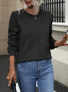 SHEIN Frenchy Solid Round Neck Sweatshirt - Black - View 3