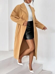 SHEIN Privé Lapel Neck Drop Shoulder Double Breasted Overcoat - Camel - View 4