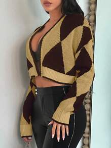 SHEIN SXY Argyle Pattern Drop Shoulder Duster Cardigan - Brown - View 6