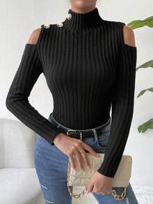 SHEIN Essnce 高領挖肩紐扣細節套頭毛衣 - 黑色 - 查看 5