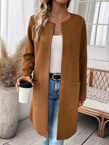 SHEIN Essnce 素色開門襟雙口袋開門襟外套不附腰帶 - 棕色 - 查看 4