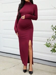 SHEIN Grossesse Robe À Col Roulé Fendu - Rouge - Voir 4