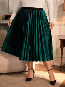 SHEIN Clasi 加大高腰褶皺天鵝絨裙 - 綠色 - 查看 5