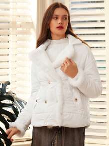 SHEIN Frenchy Women's Collar Double Breasted Padded Coat Winter White Casual - White - View 2