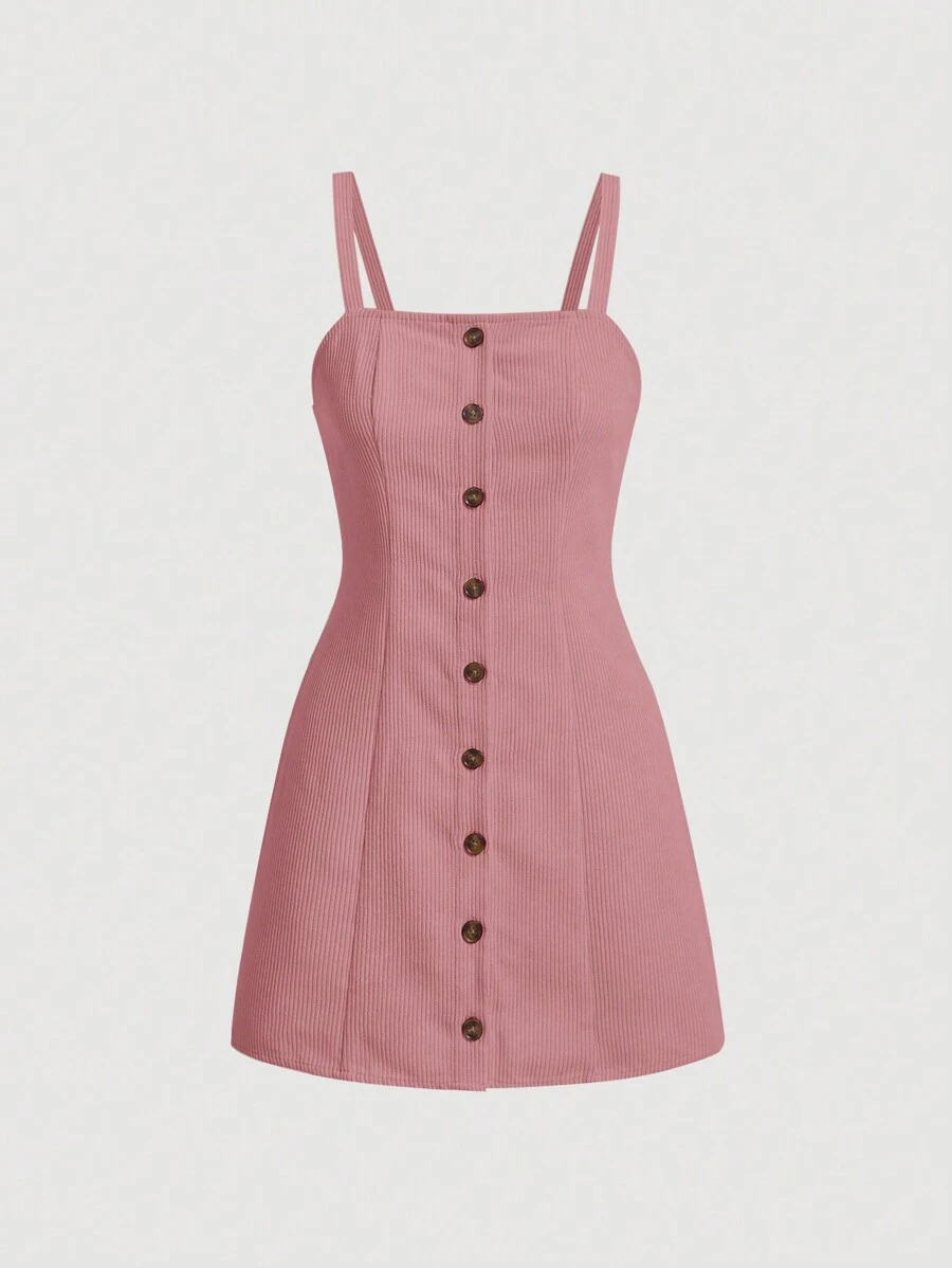 SHEIN MOD 前紐扣吊帶洋裝 - 粉色 - 查看 1
