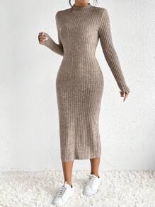 SHEIN Frenchy Vestido De Cuello Falso Bodycon Vestido De Punto Acanalado Bodycon - Caqui - Ver 5