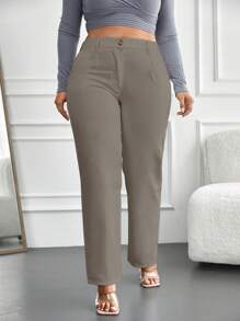 RueChic Plus Slant Pocket Straight Leg Pants - Beige - View 3