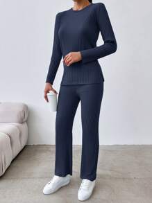 EURMUSE Women'S Ribbed Long Sleeve T-Shirt And Pants Two Piece Set - Navy Blue - View 5