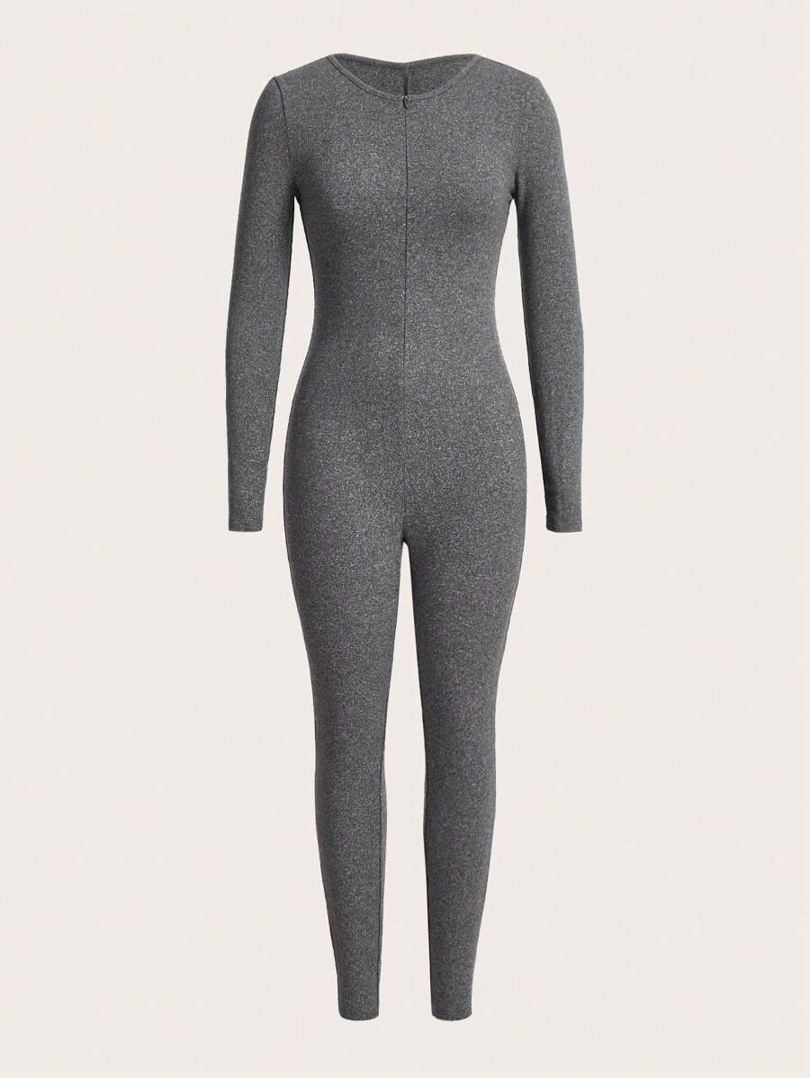 SHEIN SXY Mono unitard unicolor con cremallera delantera - Gris - Ver 1