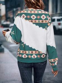 SHEIN LUNE Sudadera geométrico & con estampado de animal de hombros caídos - Verde - Ver 2