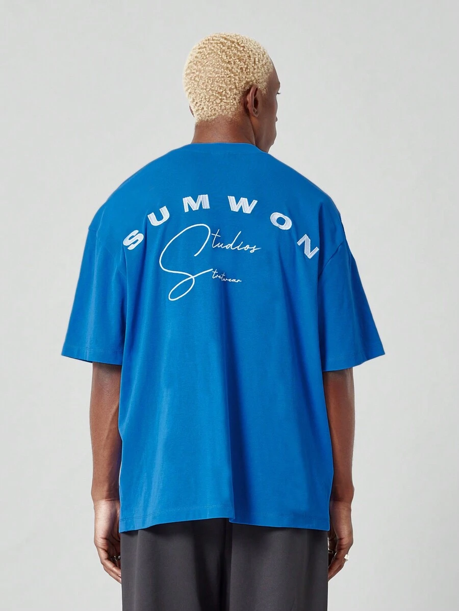 SUMWON Oversized Fit Tee With Back Embroidery - Blue - View 1