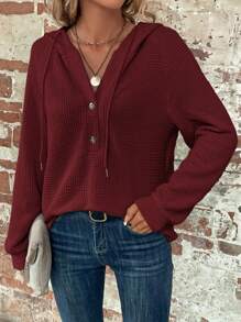 SHEIN Clasi Half Button Raglan Sleeve Drawstring Hoodie - Burgundy - View 3