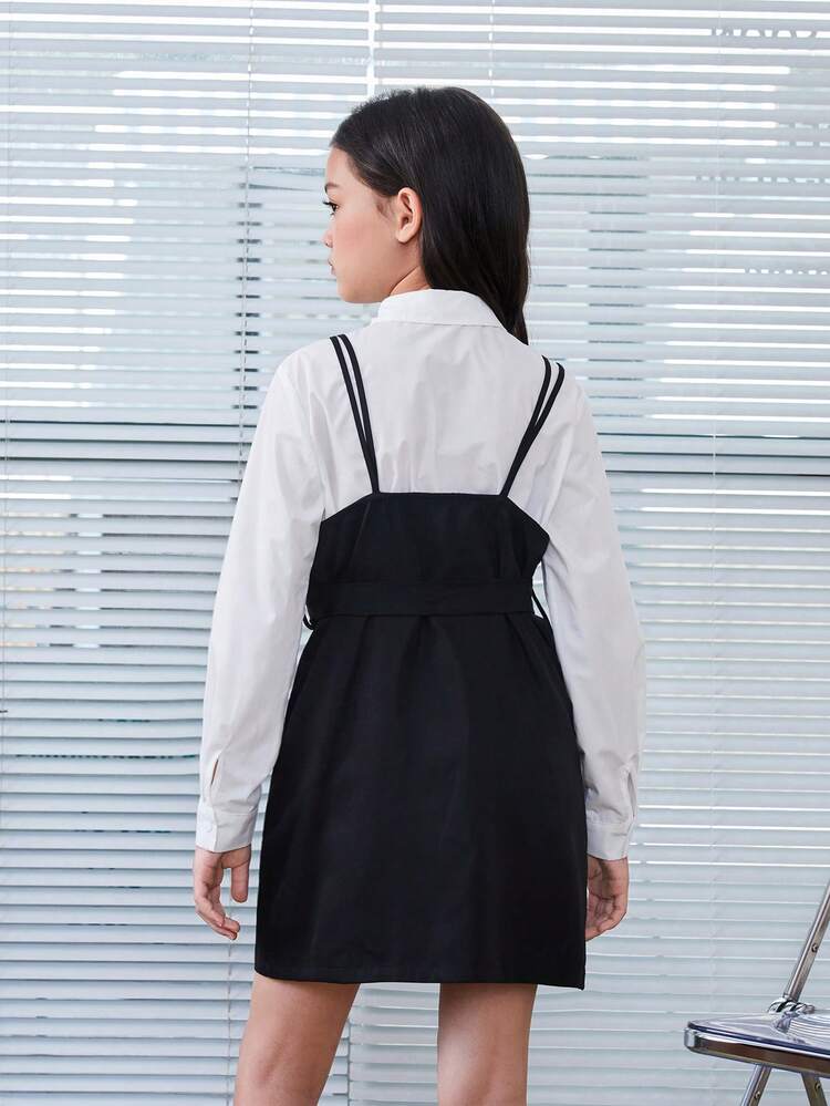 Tween Girl Button Front Belted Cami Dress & Shirt