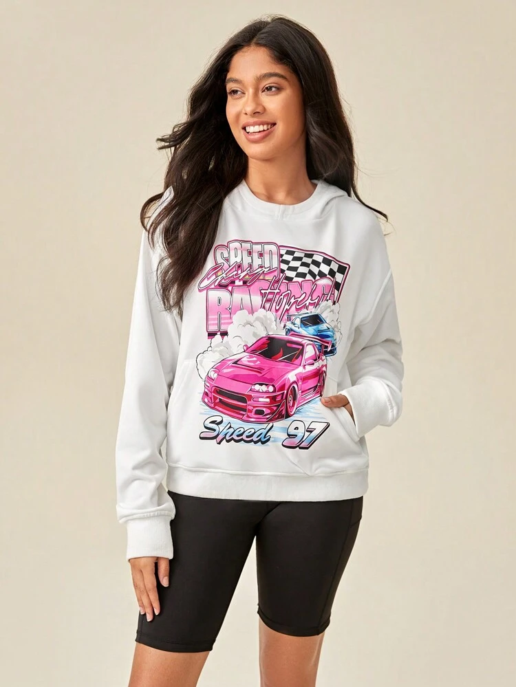 Car & Letter Graphic Drop Shoulder Sports Sweatshirt
