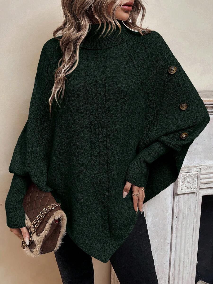 SHEIN Essnce 高領紐扣細節蝙蝠袖斗篷毛衣 - 墨綠色 - 查看 1