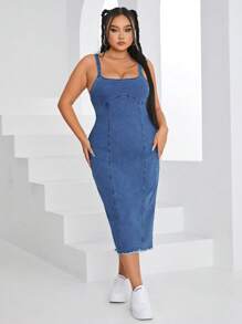 SHEIN EZwear Plus Size Frayed Edge Split Denim Dress With Shoulder Straps - Medium Wash - View 5