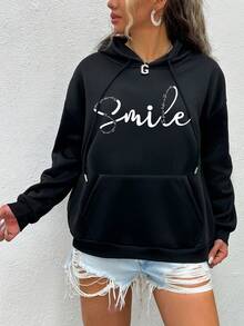 SHEIN EZwear Plus Size Letter Graphic Kangaroo Pocket Drop Shoulder Drawstring Sweatshirt - Black - View 6