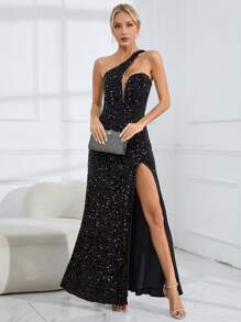 Allurite Asymmetrical Neck Split Thigh Sequin Dress - Black - View 1