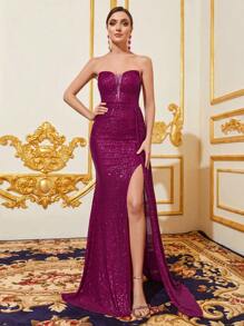 開叉露腿飄帶亮片抹胸派對禮服 - 玫紅色 - 查看 3