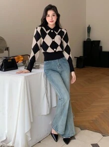 DAZY Diamond Plaid Cardigan Sweater With Front Buttons - Black - View 3