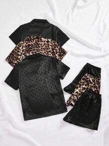 6件套翻领口袋贴布缎面睡衣套装/睡衣套装