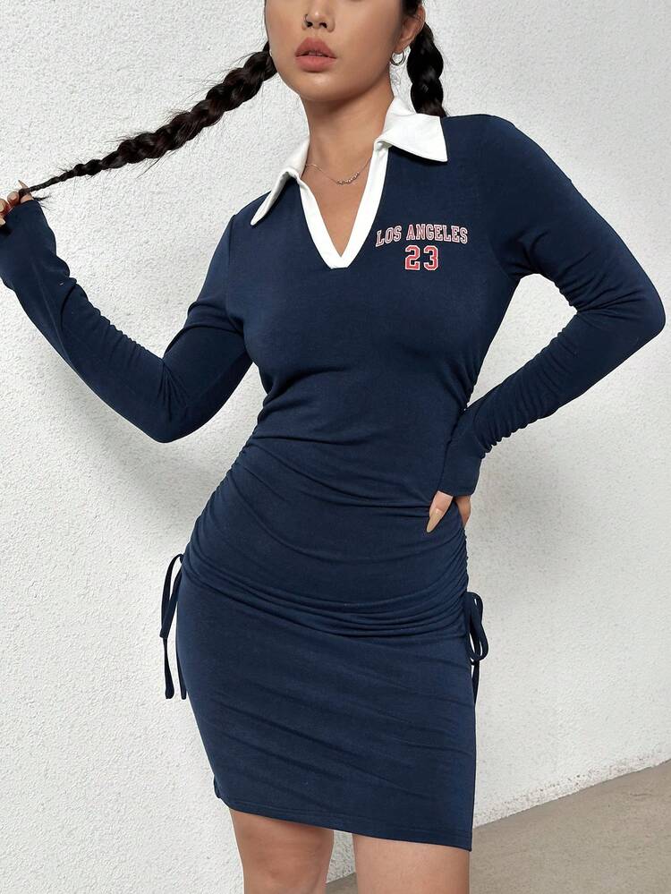 Letter Graphic Contrast V-collar Drawstring Side Bodycon Dress