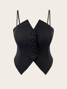 Flirla Plus Button Front Asymmetrical Hem Cami Top - Black - View 1