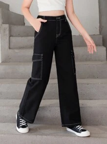 Tween Girl Flap Pocket Side Cargo Jeans - Black - View 5