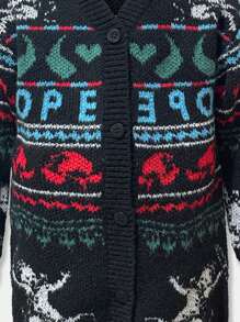 SHEIN Young Boy Christmas Pattern Button Front Cardigan - Black - View 3