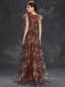 Vestido formal elegante de flores con mangas de mariposa para novia, madre, vacaciones de primavera - Marrón - Ver 2