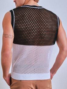 SHE(IN) BRASIL Men Two Tone Striped Trim Open Knit Top - Black and White - View 2