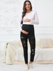 SHEIN Maternity Ripped Skinny Jeans - Black - View 5