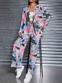 SHEIN PETITE 塗鴉印花翻領單釦西裝 - 彩色 - 查看 7