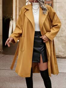 SHEIN LUNE Lapel Neck Drop Shoulder Pocket Patched Belted Overcoat Fall Cloth For Women - Khaki - View 5