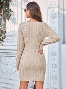 SHEIN Privé Cable Knit Zip Front Bodycon Sweater Dress - Apricot - View 2