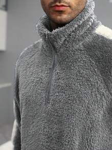 Men 1set Contrast Side Seam Raglan Sleeve Pocket Flannel Pullover Top & Pants PJ Set / Fluffy Loungewear Set, Fall Winter Clothes, Cozy - Grey - View 5