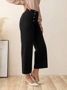 SHEIN Privé Jeans con diseño de botón de pierna ancha - Negro - Ver 5