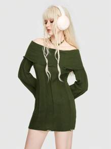 ROMWE Fairycore Ladies' Off-shoulder Distressed Sweater Dress